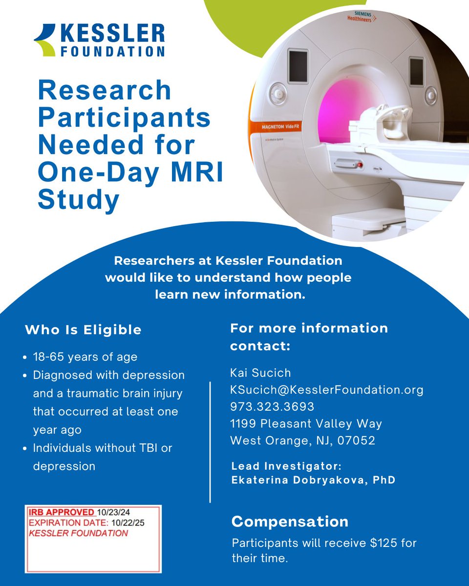 KesslerFdn's tweet image. Do you have a traumatic brain injury and depression? Researchers at Kessler Foundation are looking for people to participate in a one-day MRI study at our West Orange, NJ location. To enroll in this study, visit: kesslerfoundation.org/research/studi…
#TBI #Depression #TBIandDepression…