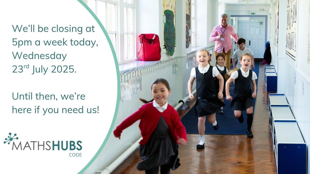 CODEMathsHub's tweet image. When do you break up? CODE Maths Hub will closing for the summer holidays a week today!
Until then, if you need us, catch us on the phone or via email - details on our website.
