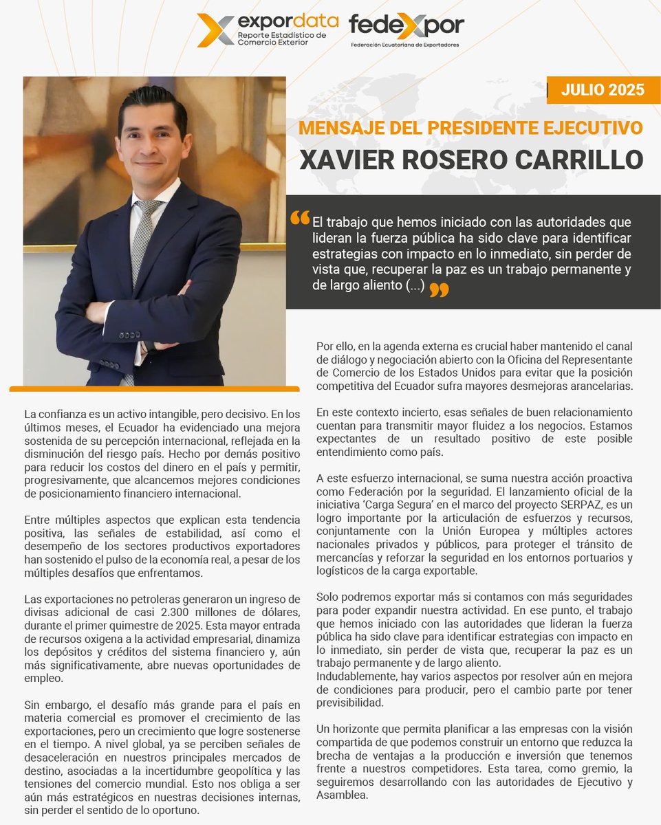 📝| Compartimos el mensaje de nuestro Presidente, <a href="/xavirosero/">Xavier Rosero Carrillo</a>

"El trabajo que hemos iniciado con las autoridades que lideran la fuerza pública ha sido clave para identificar estrategias con impacto en lo inmediato, sin perder de vista que, recuperar la paz es un trabajo