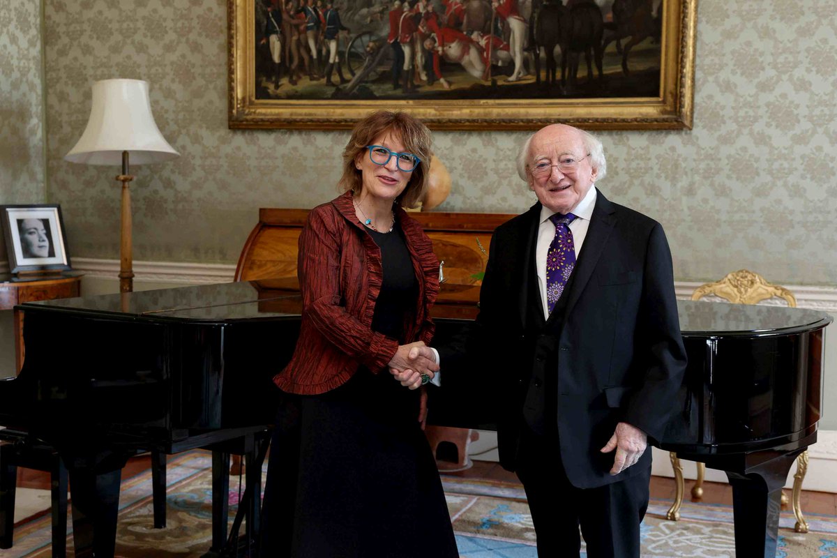 PresidentIRL's tweet image. President Michael D. Higgins today received the Secretary General of @amnesty, Agnés Callamard, and the Executive Director of @AmnestyIreland, Stephen Bowen, on a courtesy call in Áras an Uachtaráin. Read the President's statement following the meeting at president.ie/en/media-libra…