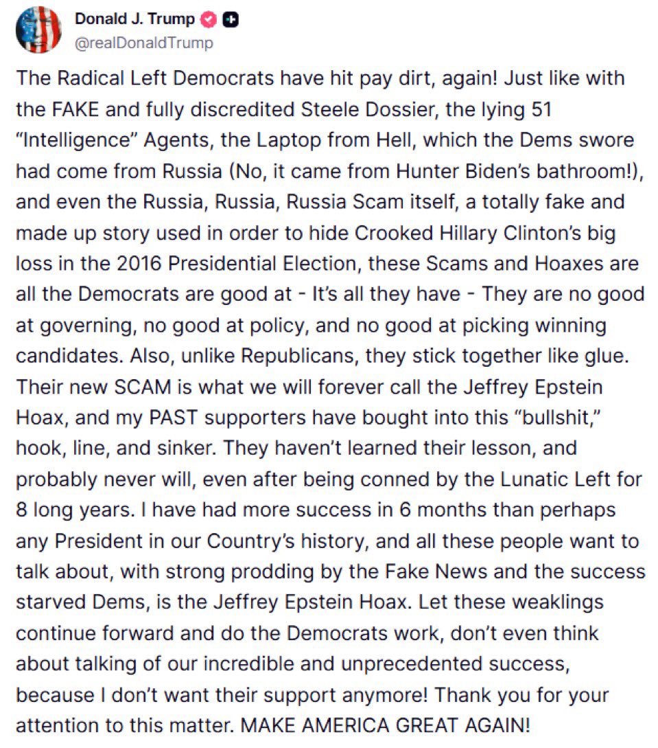 Matt_VanDyke's tweet image. This is the old “break up with her before she breaks up with you” move.
#Trump disowns MAGA supporters who care about the #Epstein files, knowing he’ll lose them anyway when they find out he’s in those files.
#EpsteinFiles