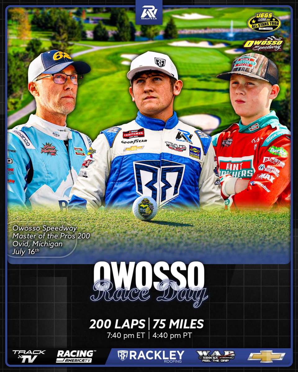 It’s time for one of the most prestigious pro late model events in the country today… “The Masters of the Pros” 🏌️🏁

Rackley W.A.R. has won in each of our last three attempts in this race 👀 We’ll look to add another one tonight! 🤞

⏰: 7:40pm ET
📺: <a href="/tracktv_/">TrackTV</a> / <a href="/RacingAmerica/">Racing America</a>