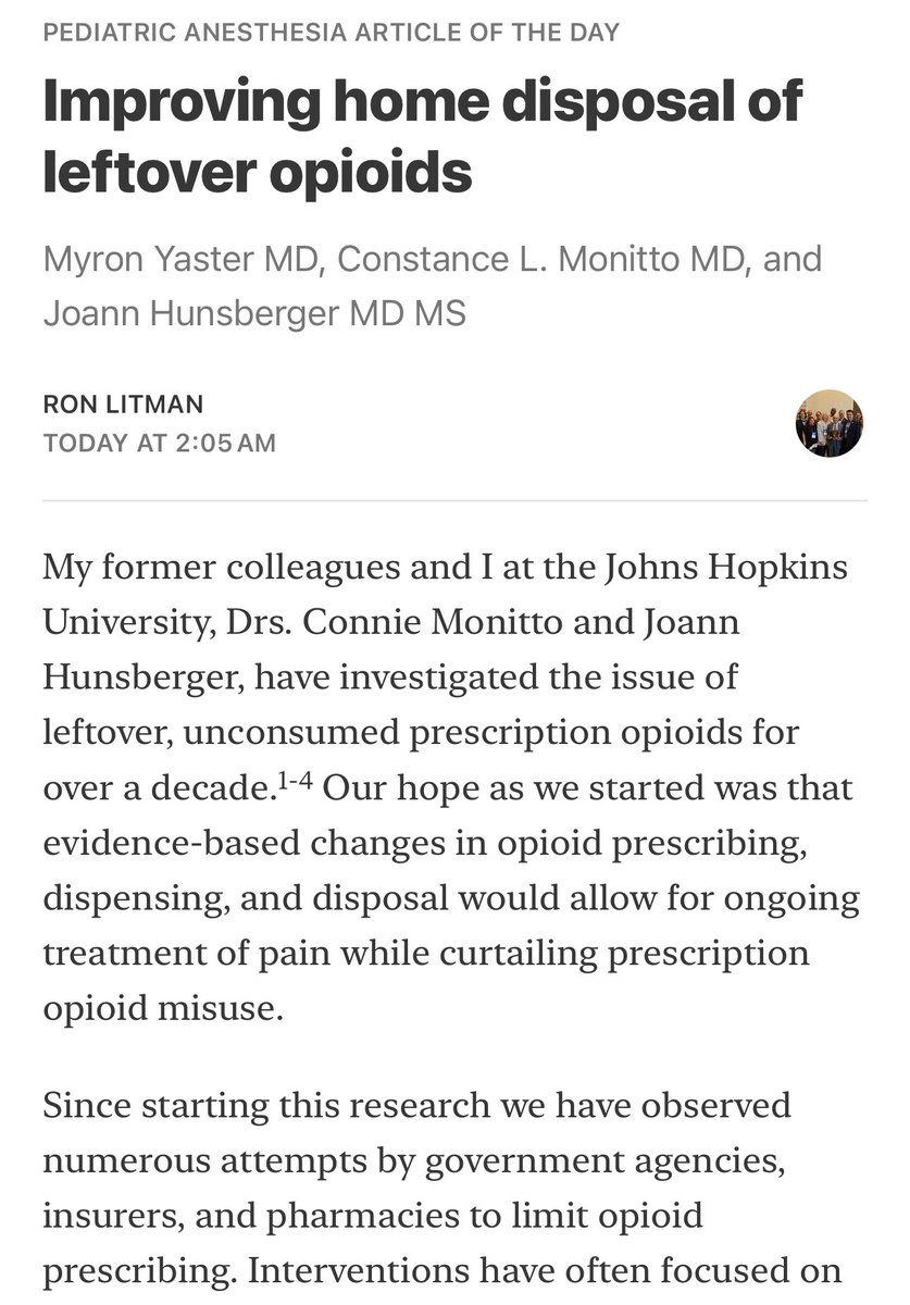 Pediatric Anesthesia Article of the Day

Improving home disposal of leftover opioids

Myron Yaster MD, Constance L. Monitto MD, and Joann Hunsberger MD MS

open.substack.com/pub/ronlitman/…

#PedsAnes #PedsPain #PedsCardsAnes #PedsICU #MedEd #PAAD