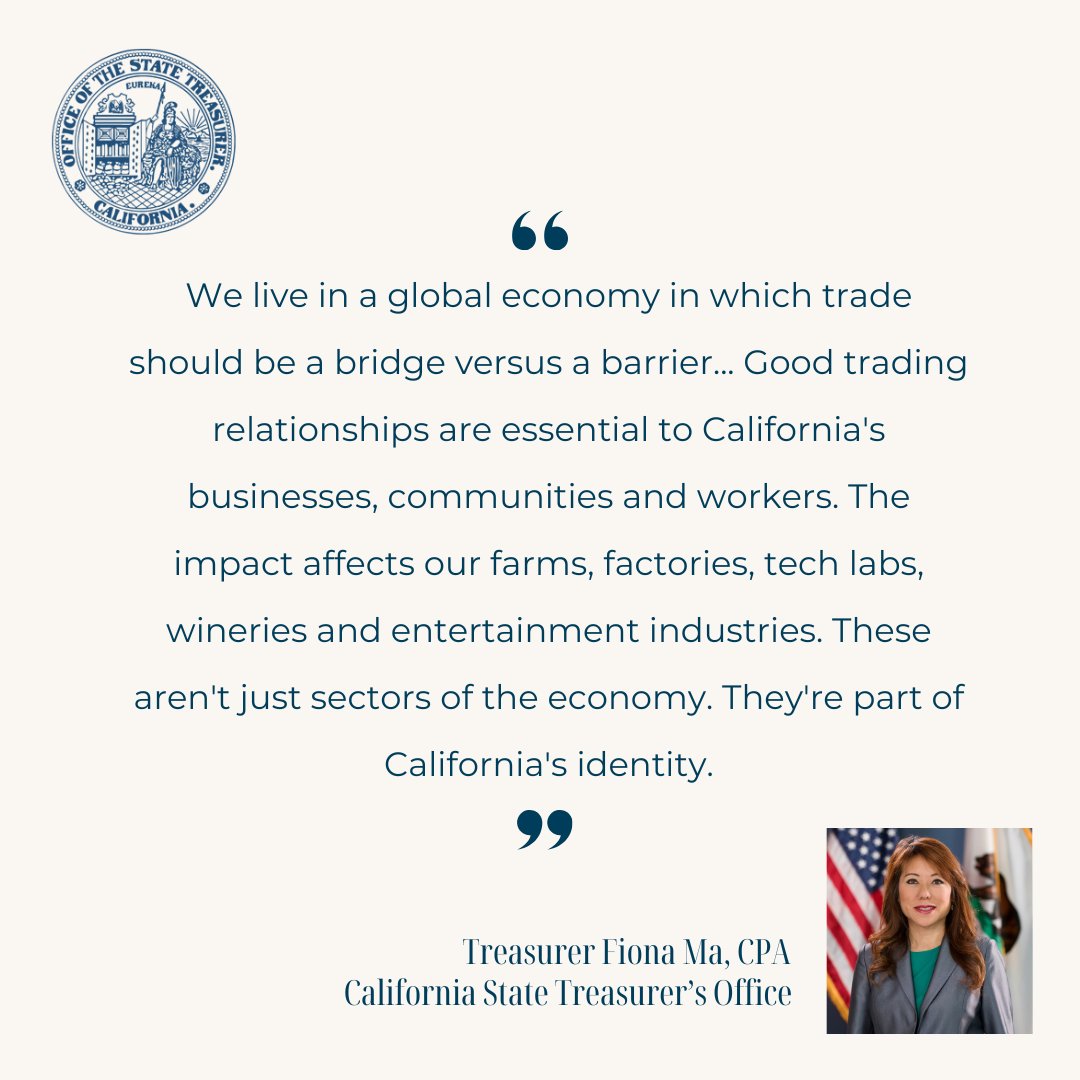 CalTreasurer's tweet image. On May 12, 2025, Treasurer @fionama led a hearing on the consequences of new tariff polices for California’s industries in conversation with several industry leaders. Her words highlight her persistence in challenging these rulings for California's benefit.