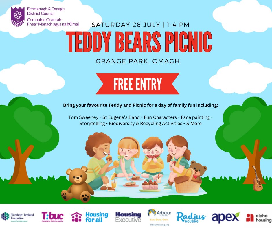🧸 Teddy Bear’s Picnic!

📅 Sat 26 July | 🕐 1–4PM
🎶 Music | 📚 Storytelling | 🎨 Crafts | 🌿 Bug Hunt | 🎈Games &amp; more!
📍 Grange Park, Omagh

ℹ️ bit.ly/3GNIs8M

Supported by Apex, Arbour, Radius &amp; Alpha Housing through the Housing for All Shared Housing Programme.