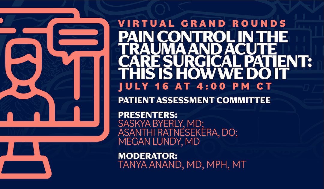 traumadoctors's tweet image. Today’s the Day!
Join us at 4:00 PM CT for AAST Virtual Grand Rounds "Pain Control in the Trauma and Acute Care Surgical Patient"
Join now⬇️
aast.org/education/gran…