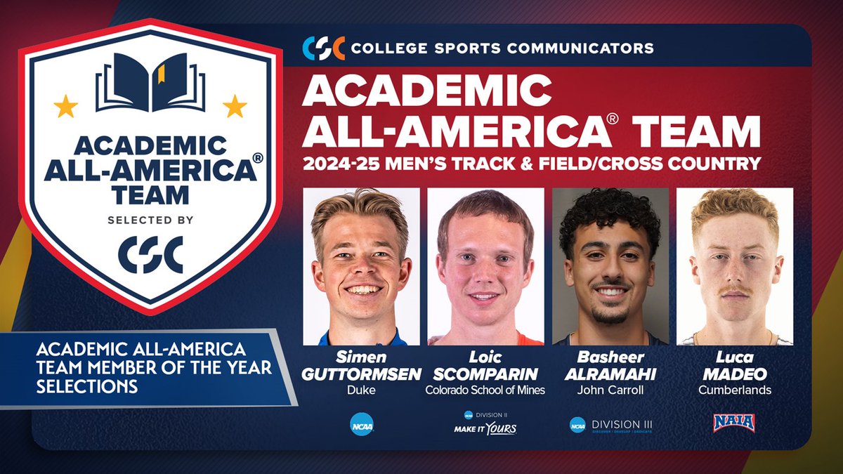 College Sports Communicators (@collsportscomm) on Twitter photo Congratulations to the 2024-25 CSC Academic All-America® men's track & field/cross country teams across the <a href="/NCAA/">NCAA</a>, <a href="/NCAADII/">NCAA Division II</a>, <a href="/NCAADIII/">NCAA Division III</a> & <a href="/NAIA/">NAIA</a>!
Four talented student-athletes headline 2024-25 <a href="/AcadAllAmerica/">Academic All-America®, selected by CSC</a> men's track & field/cross country teams:
⭐️Simen Guttormsen Congratulations to the 2024-25 CSC Academic All-America® men's track & field/cross country teams across the <a href="/NCAA/">NCAA</a>, <a href="/NCAADII/">NCAA Division II</a>, <a href="/NCAADIII/">NCAA Division III</a> & <a href="/NAIA/">NAIA</a>!
Four talented student-athletes headline 2024-25 <a href="/AcadAllAmerica/">Academic All-America®, selected by CSC</a> men's track & field/cross country teams:
⭐️Simen Guttormsen