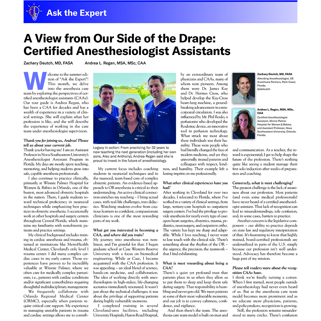 ASAMonitor's tweet image. 💡What is most rewarding about being a certified #AnesthesiologistAssistant (CAA)?
💡What advice do you have for #anesthesiologists who work with CAAs?
Explore the perspectives of CAAs in the July @ASAMonitor “Ask the Expert” column.
👉ow.ly/r86u50Wjk7B