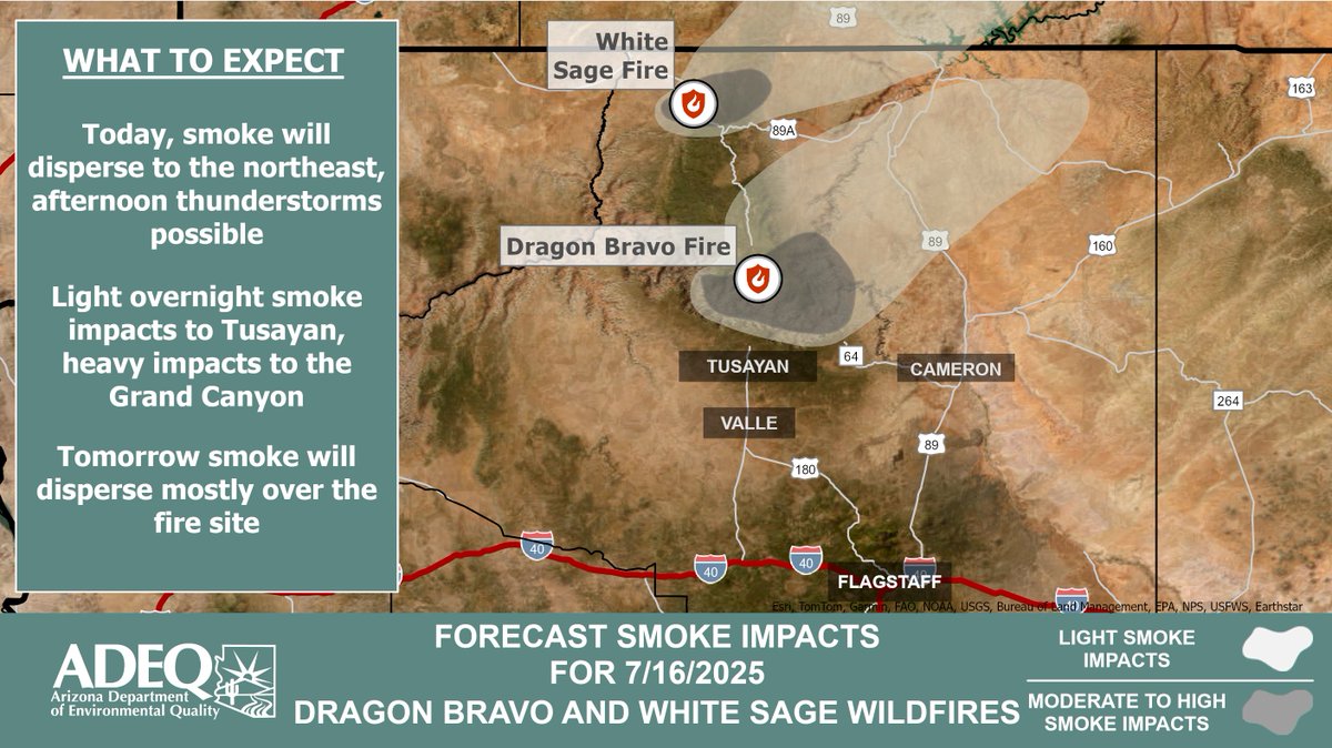 ArizonaDEQ's tweet image. 🚨ADEQ has UPDATED the #DragonBravo and #WhiteSage Wildfire Smoke Forecast.
See how #smoke is affecting your local community: #Tusayan #Cameron #Valle #Flagstaff 🔥
Learn More ➡️ azdeq.gov/wildfire/forec…
#AZFire #AZWildfire
