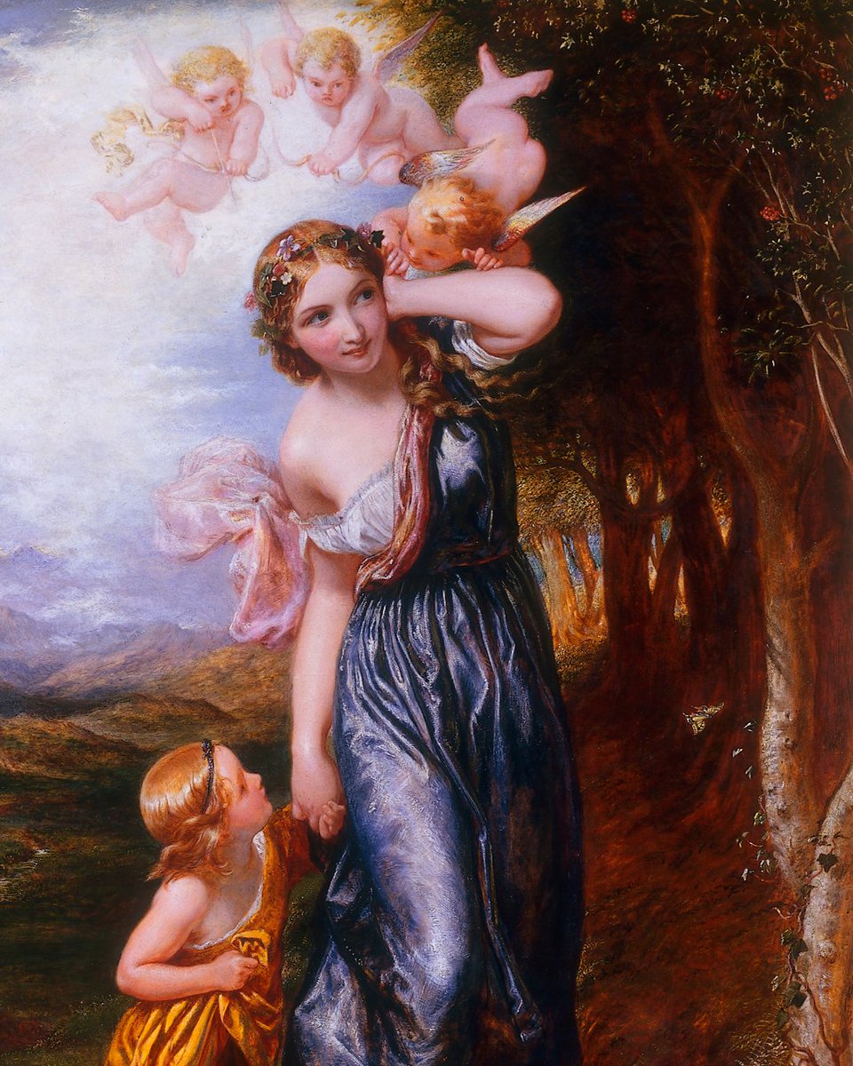 V_and_A's tweet image. Scenes from literature inspired many modern British painters. Charles West Cope’s 1848 painting L’Allegro illustrates John Milton’s 1632 poem, showing Euphrosyne, goddess of Mirth, turning away and covering her ear to reject the advice of love- “so buxom, blithe and debonair.”