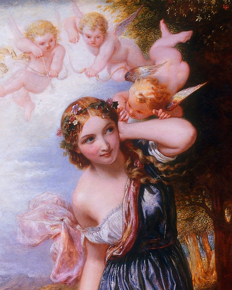 V_and_A's tweet image. Scenes from literature inspired many modern British painters. Charles West Cope’s 1848 painting L’Allegro illustrates John Milton’s 1632 poem, showing Euphrosyne, goddess of Mirth, turning away and covering her ear to reject the advice of love- “so buxom, blithe and debonair.”