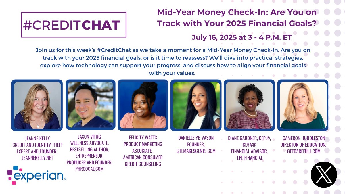 What’s your biggest financial win—or challenge—so far in 2025?
Let’s talk about it! Join us today at 3 p.m. ET for a live #CreditChat on setting (and resetting) your money goals for the rest of the year. experian.com/blogs/news/abo…