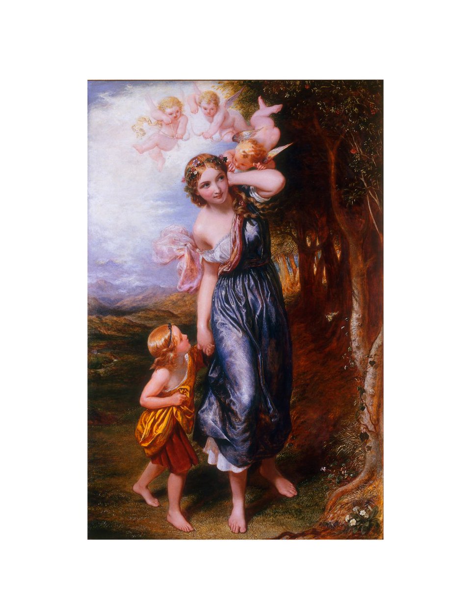 V_and_A's tweet image. Scenes from literature inspired many modern British painters. Charles West Cope’s 1848 painting L’Allegro illustrates John Milton’s 1632 poem, showing Euphrosyne, goddess of Mirth, turning away and covering her ear to reject the advice of love- “so buxom, blithe and debonair.”