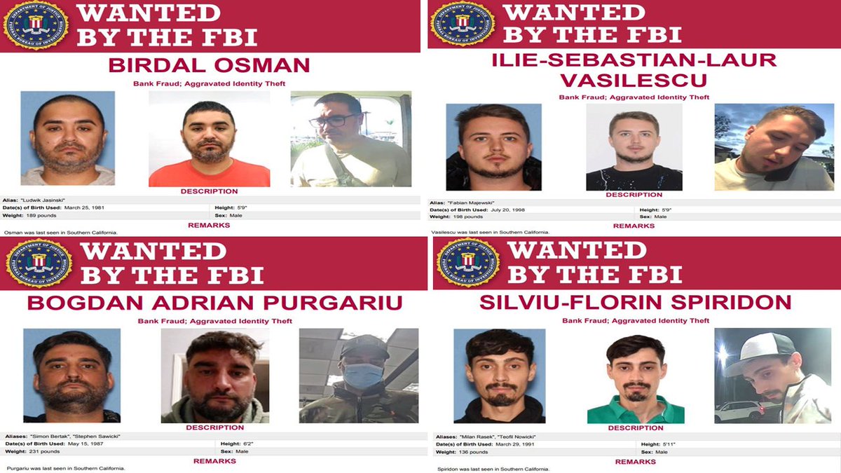FBILosAngeles's tweet image. These four suspects are #wanted for allegedly defrauding federal benefits program recipients by installing skimming devices on POS terminals. Have a tip? Contact #FBILosAngeles at 3104776565. #WantedWednesday fbi.gov/contact-us/fie…