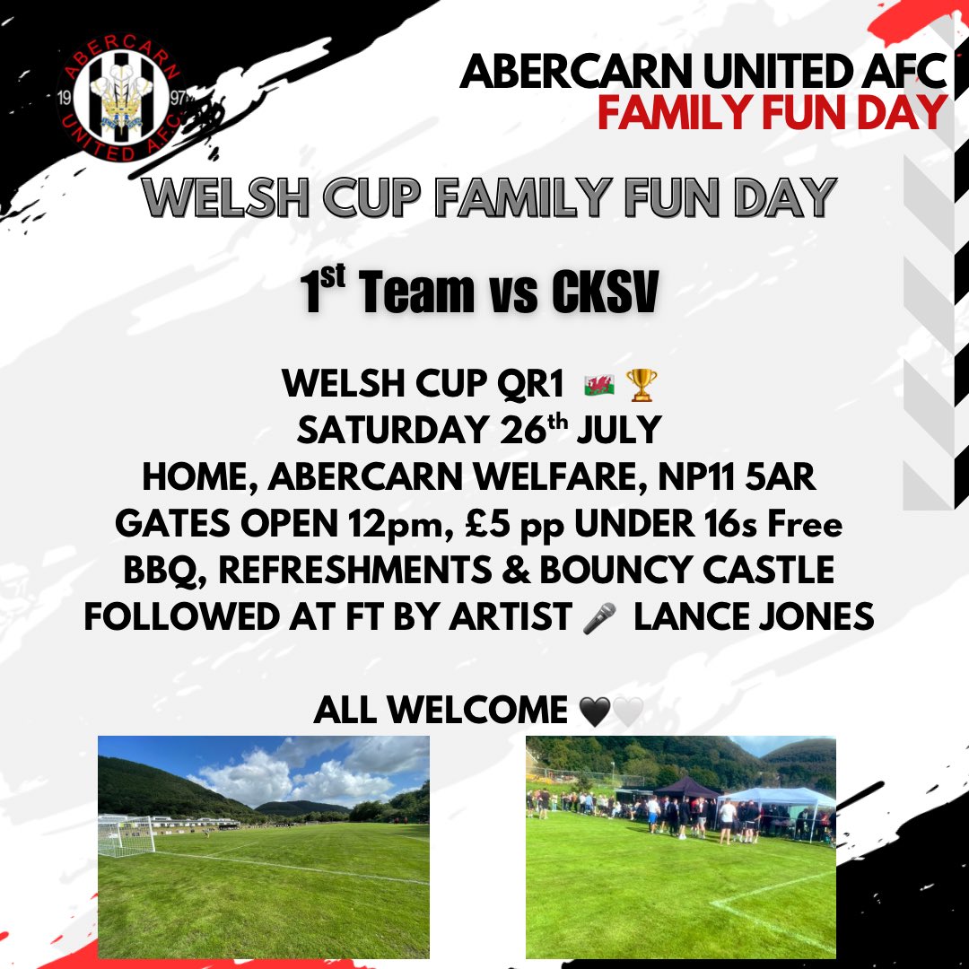 ⚽️ ☀️ 🍻 

Reminder 🚨 

Saturday 26th July - Welsh Cup QR1
Home vs <a href="/CKSV_AFC/">CKSV AFC</a> 

Abercarn United AFC
Family Fun Day

Live music, bbq &amp; bouncy castle!
All welcome!
Details below!

🎶 🍻 ☀️ 🍔 

#AUFC

🖤🤍