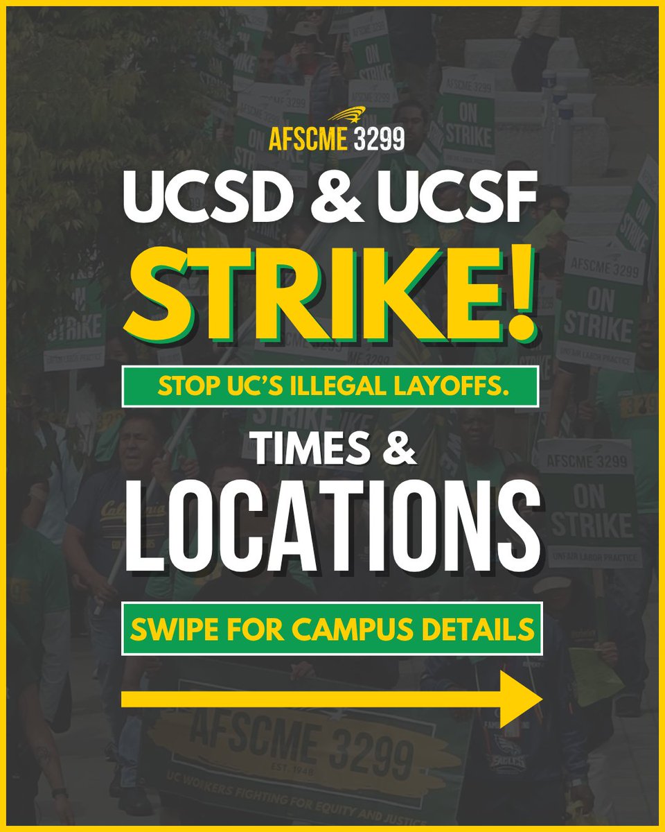 afscme3299's tweet image. At UCSD and UCSF, we’re standing up to defend our jobs, our dignity, and each other. This fight is all of ours, and we win when we show up together!
Find your campus and show up ready to fight!
#nolayoffs #ulpstrike #strike #afscme3299 #3299strong #afscme #werunuc #ucworkers…