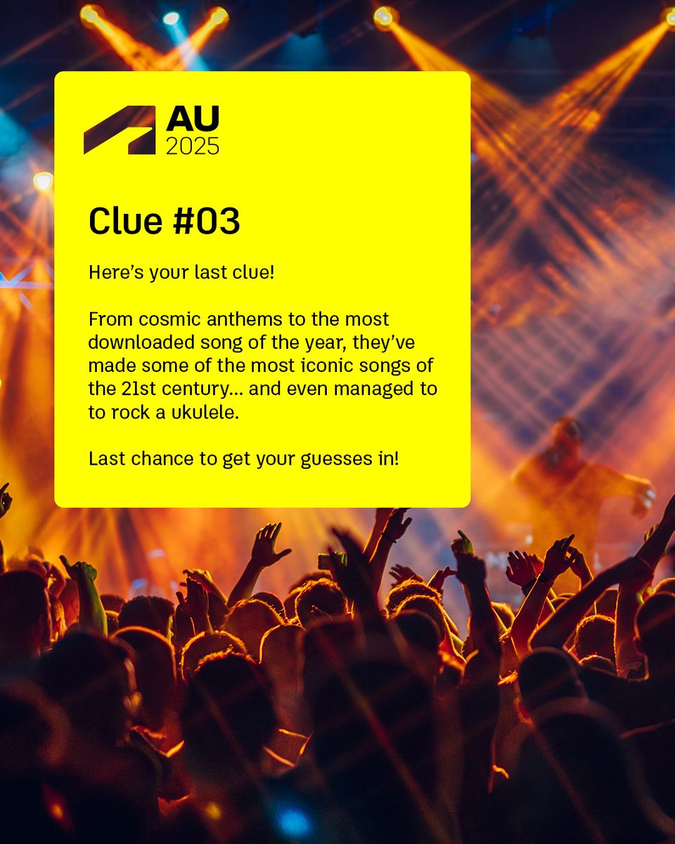 autodesku's tweet image. ๐ฎ Final clue about the #AU2025 Design & Make Celebration headliner!
๐๐งFrom cosmic anthems to the most downloaded song of the year, theyโve made some of the most iconic songs of the 21st century...and even managed to rock a ukulele. ๐ค
Drop your final guesses below โฌ๏ธ