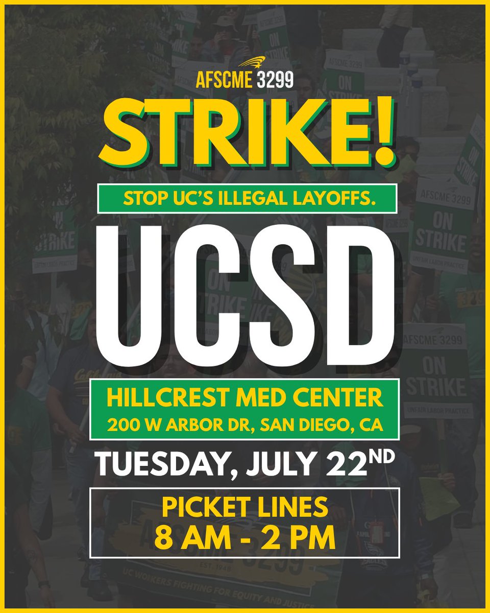 afscme3299's tweet image. At UCSD and UCSF, we’re standing up to defend our jobs, our dignity, and each other. This fight is all of ours, and we win when we show up together!
Find your campus and show up ready to fight!
#nolayoffs #ulpstrike #strike #afscme3299 #3299strong #afscme #werunuc #ucworkers…