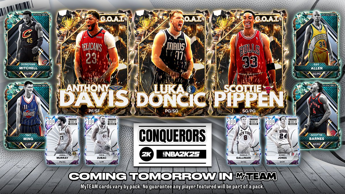 NBA2KMyTEAM's tweet image. Command the court with Conquerors Packs dropping tomorrow! π₯
Take down the opposition in strong fashion with these stars:
π G.O.A.T. Luka Doncic
π G.O.A.T. Anthony Davis
π G.O.A.T. Scottie Pippen
π‘οΈ Invincible Donovan Mitchell
π‘οΈ Invincible Yao Ming
π‘οΈ Invincible Ray Allenβ¦