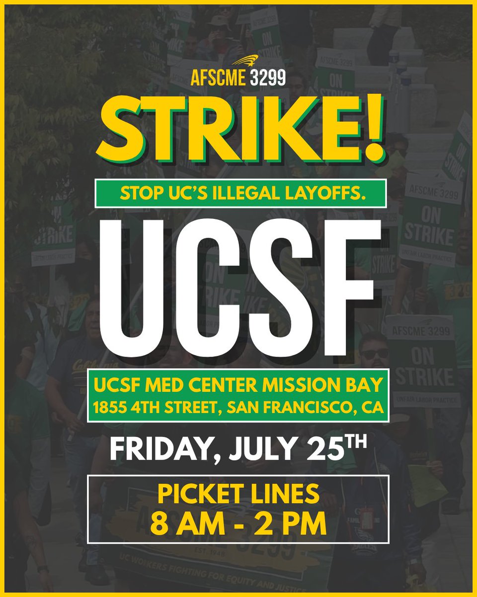 afscme3299's tweet image. At UCSD and UCSF, we’re standing up to defend our jobs, our dignity, and each other. This fight is all of ours, and we win when we show up together!
Find your campus and show up ready to fight!
#nolayoffs #ulpstrike #strike #afscme3299 #3299strong #afscme #werunuc #ucworkers…
