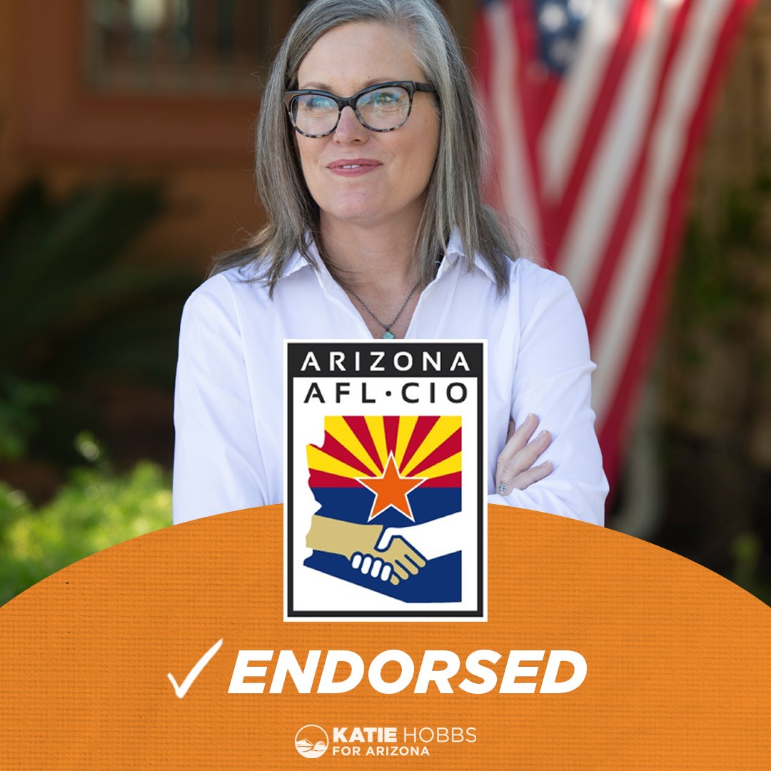 katiehobbs's tweet image. Growing up in a working-class family, I know the value of hard work, and I'm so honored to have the endorsement of the @ArizonaAFLCIO. Whether it’s protecting workers, expanding career training opportunities, or slashing medical debt, I’ll always champion Arizona's workforce.