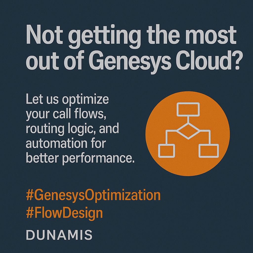 GetDunamis's tweet image. Not getting the most out of Genesys Cloud?
Let us optimize your call flows, routing logic, and automation for better performance.
#GenesysOptimization #FlowDesign