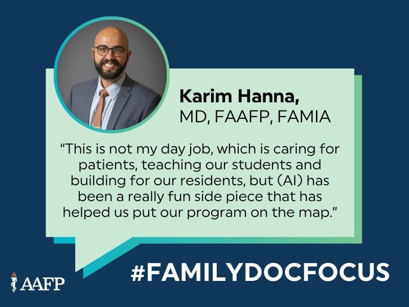 _FAFP's tweet image. Speaker Brings AI Expertise to FUTURE
Check out the AAFP's Family Doc Focus article, featuring FAFP member, Dr. Karim Hanna! Click here: bit.ly/44x38uS
#FAFP #AAFP #FamilyDocFocus #FUTURE2025