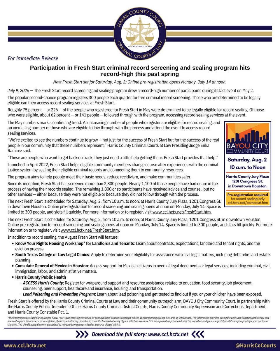 Redemption should be real and everyone deserves a fresh start.

Mark your calendar for our next FREE Fresh Start Record Screening &amp; Sealing Event on Saturday, August 2, 2025, from 10 AM to 12 PM.

This event helps individuals meet their basic needs, build a brighter future, and