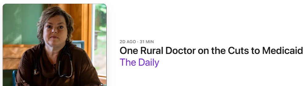 myncafp's tweet image. NCAFP past president @dowlerdoc appeared on @nytimes The Daily to discuss Medicaid reductions! Her care for rural patients gives Dr. Dowler insight into how lost Medicaid coverage will affect them: “There are going to be challenging aspects,” she says.
podcasts.apple.com/us/podcast/one…