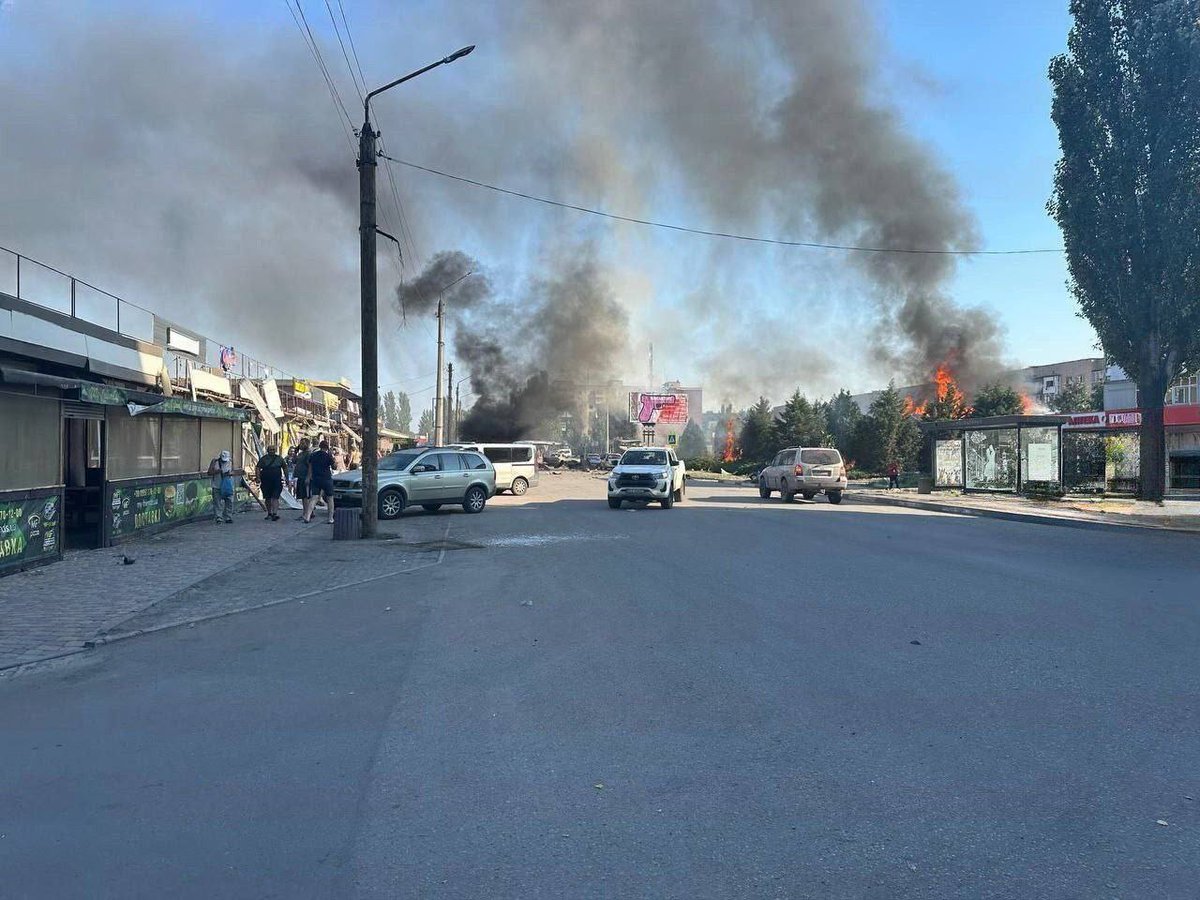 Dobropillia; Donetsk. Russia dropped a heavy glide bomb on a packed supermarket. There are many fatalities and wounded according to local sources.

On a personal note, have driven down this road many times; it was always a buzzing hub of civilian activity.