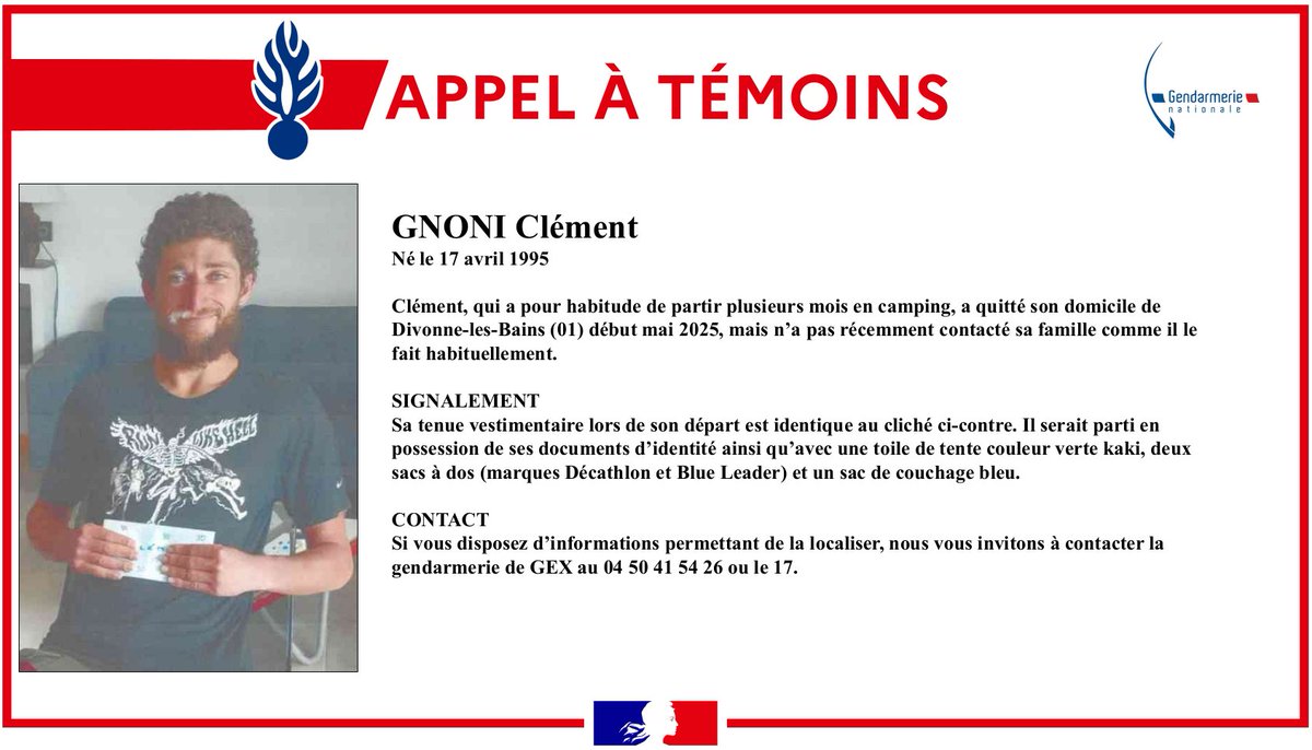 #AppelÀTémoins

La gendarmerie de l'Ain lance un appel à témoins dans le cadre d'une disparition inquiétante.
Merci d'avance pour vos partages.
🙏