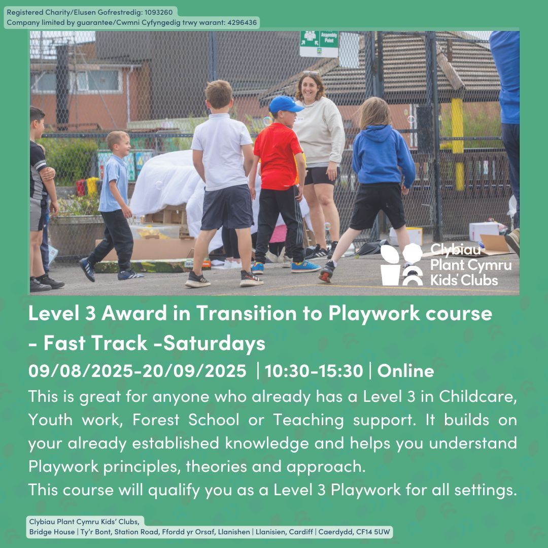 Level 3 Award in Transition to Playwork (22083) Fast Track
- Saturdays  09/08/2025-20/09/2025 

BOOK NOW >> buff.ly/rR1t7rp
