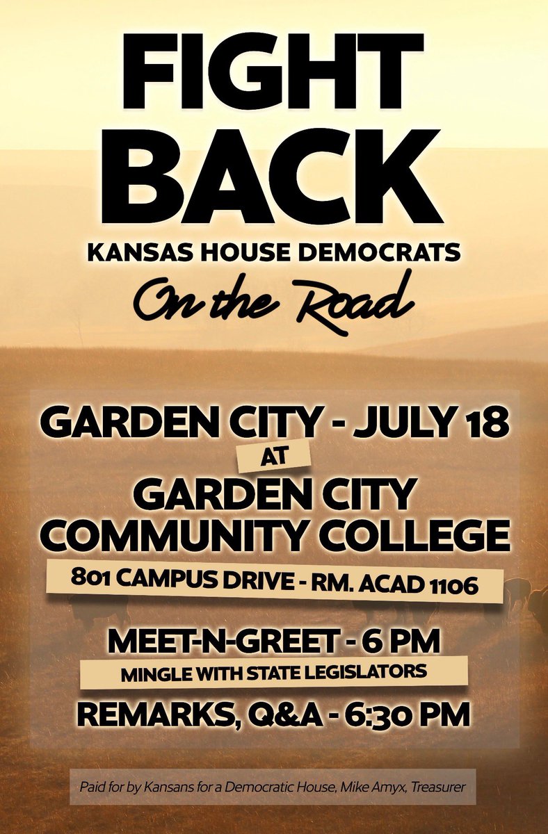 KansasDems's tweet image. The FIGHT BACK tour continues! The @KSHouseDems will be in SW KS this weekend making stops in Garden City on Friday & Dodge City on Saturday.
This is your chance to let your voices be heard. A translator will also be present.
Garden City RSVP: secure.ngpvan.com/Hm5j0dV2lU-Jrc…