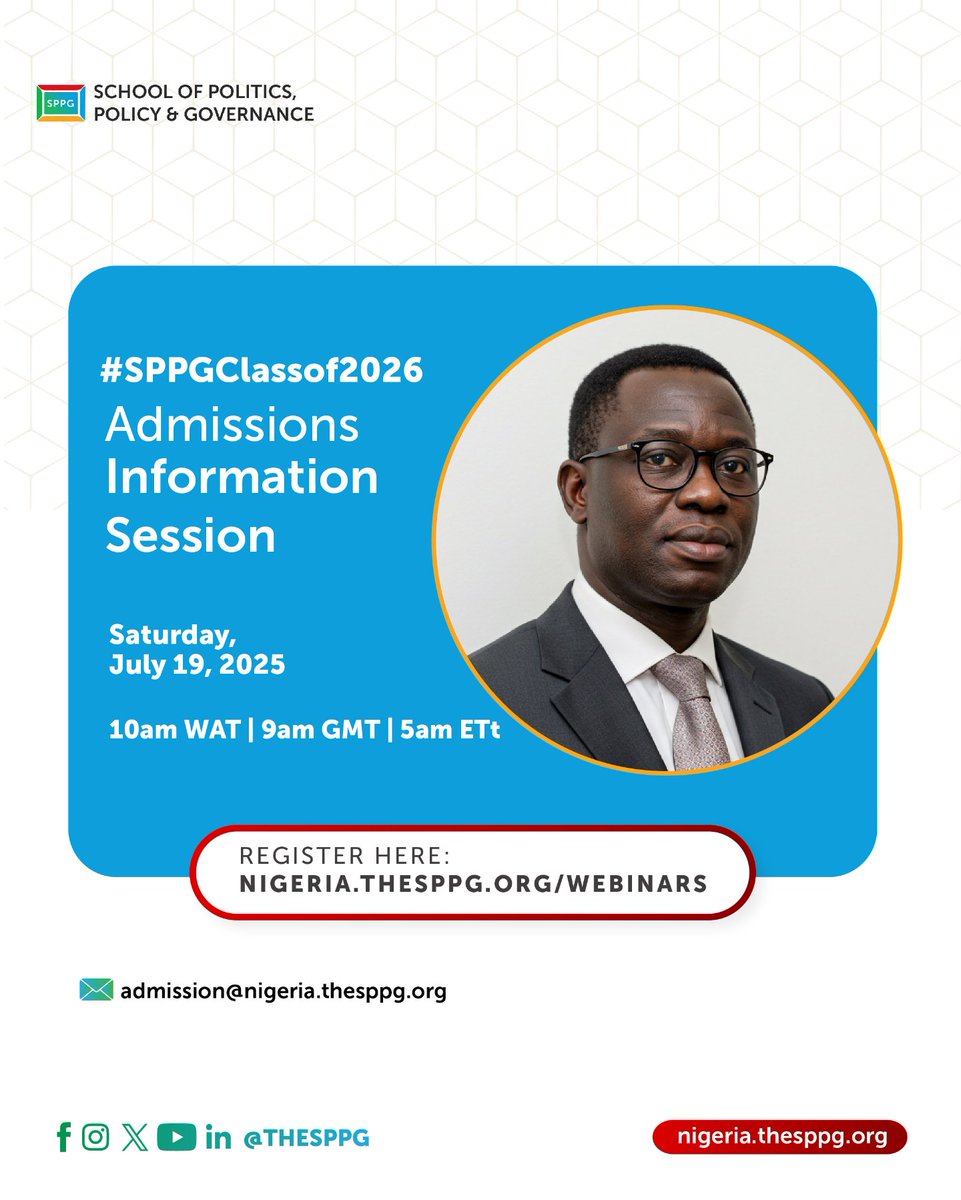 TheSPPG's tweet image. Join us for the SPPG Admissions Info Session
📅 Saturday, July 19 | 🕙 10 AM WAT
Whether you're considering applying or just exploring your options, this session will give you firsthand insight into what makes SPPG unconventional:
✅ A deep dive into our unconventional,…