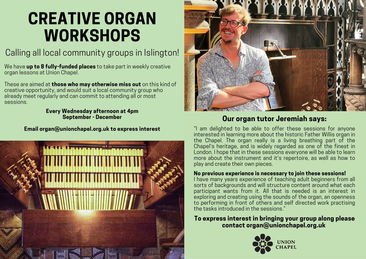 Calling all Islington community groups! We have up to 8 fully-funded places to take part in FREE weekly creative and interactive organ lessons - no experience necessary.

Each Wednesday, September - December | 4pm

Find out more and apply now at unionchapel.org.uk/venue/news-vie…