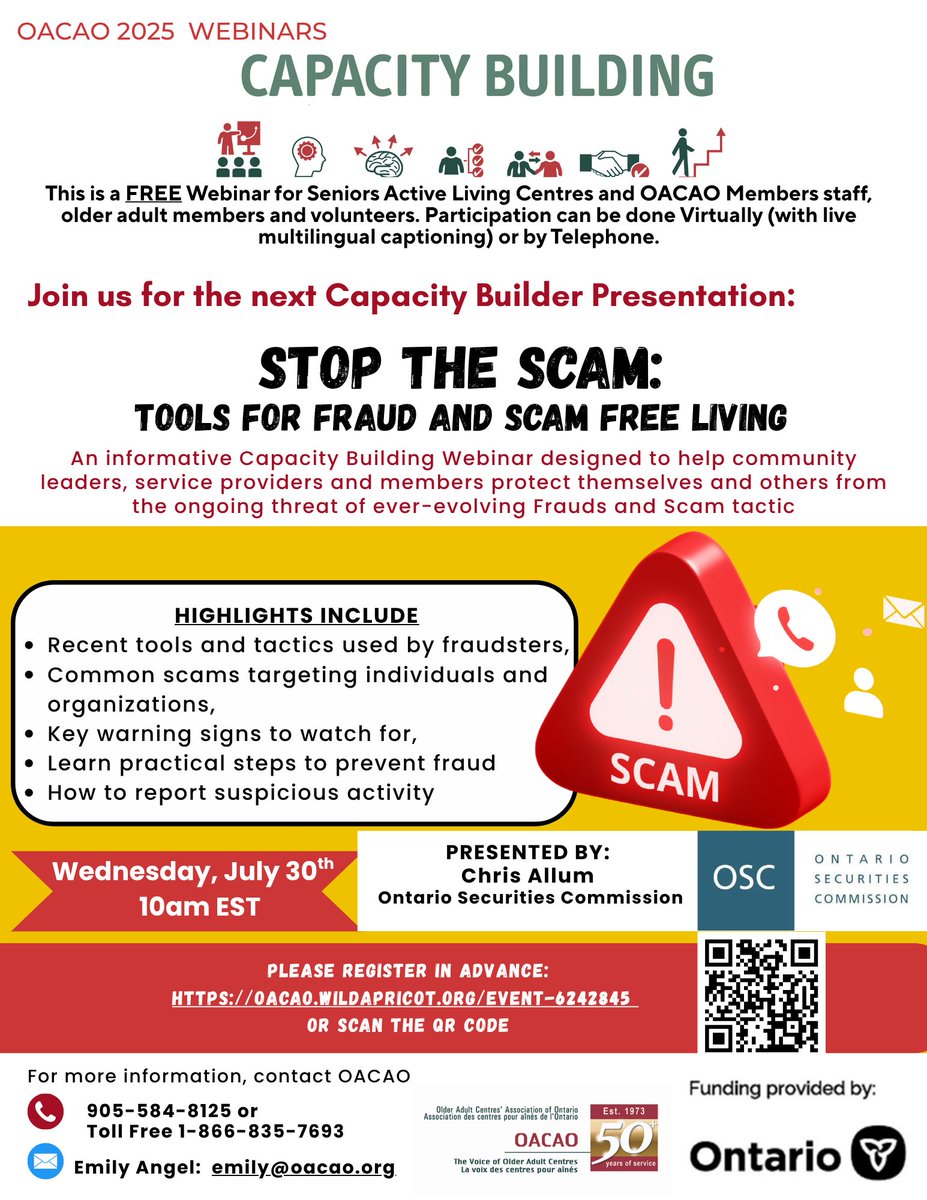 TheOACAO's tweet image. ๐ Itโs #WebinarWednesday!
July 30 at 10AM EST for Stop the Scam: Tools for Fraud and Scam Free Living ๐
๐๏ธ Featuring Chris Allum, Ontario Securities Commission
๐ป virtual or by phone
Members Only
๐ Register: oacao.wildapricot.org/event-6242845
#OACAO #FraudPrevention #SeniorsSafety