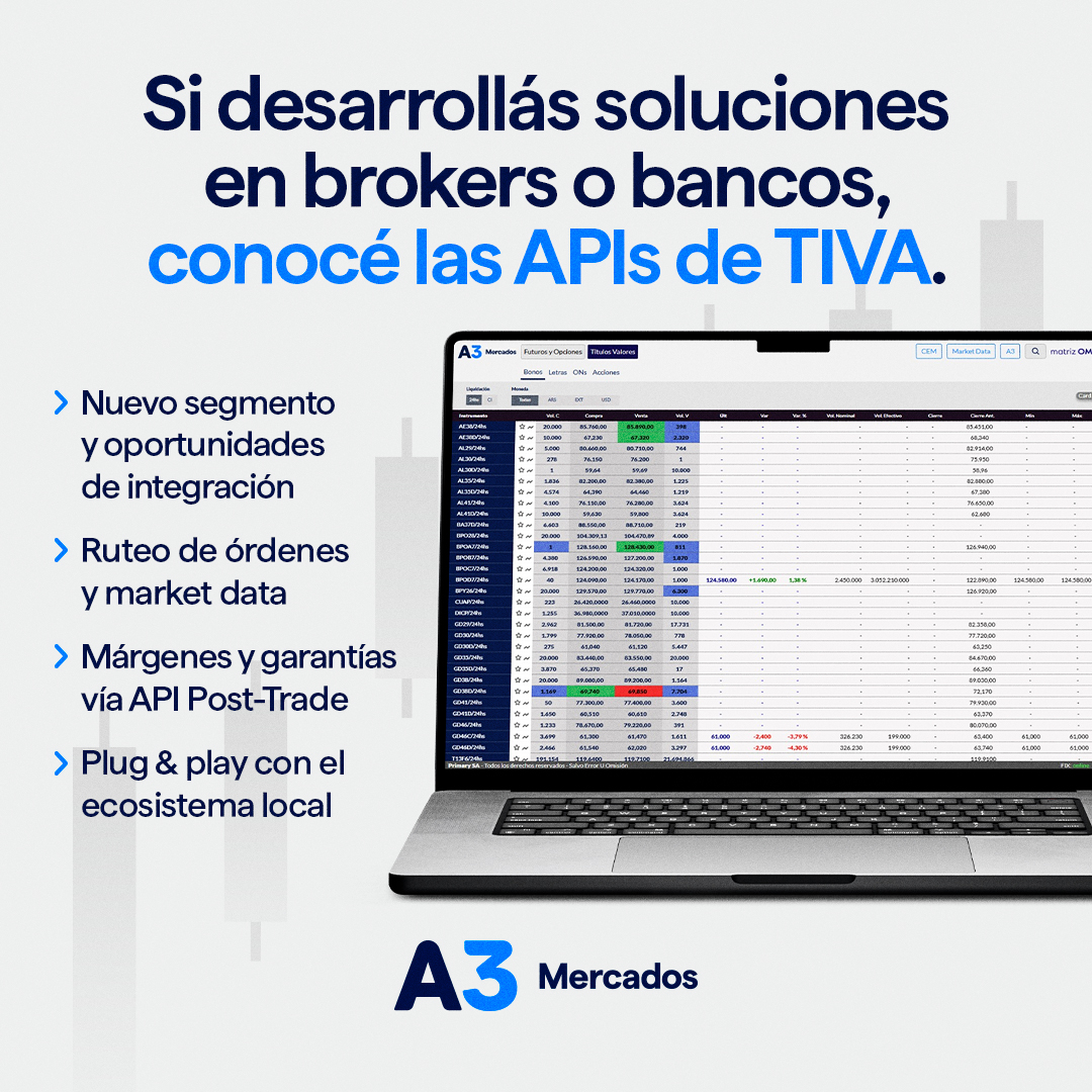 Si desarrollás soluciones en brokers o bancos, conocé las APIs de TIVA.

✔️ Nuevo segmento y oportunidades de integración
✔️ Ruteo de órdenes y market data
✔️ Márgenes y garantías vía API Post-Trade
✔️ Plug &amp; play con el ecosistema local

Te acompañamos con documentación,