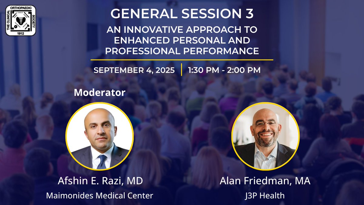 ClinicalOrtho1's tweet image. Discover strategies to elevate both personal well-being and professional effectiveness in this engaging session led by Alan Friedman, MA of J3P Health.
#COS2025 #ProfessionalDevelopment #MedicalLeadership #PhysicianWellness #OrthopaedicSymposium #HealthcareLeadership