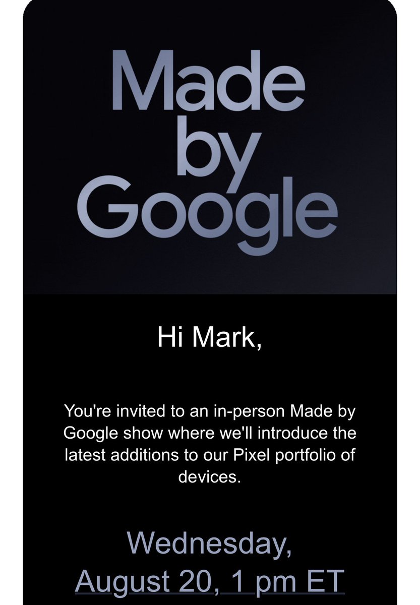 markgurman's tweet image. Google Pixel event is official: August 20, just a few weeks before Apple.