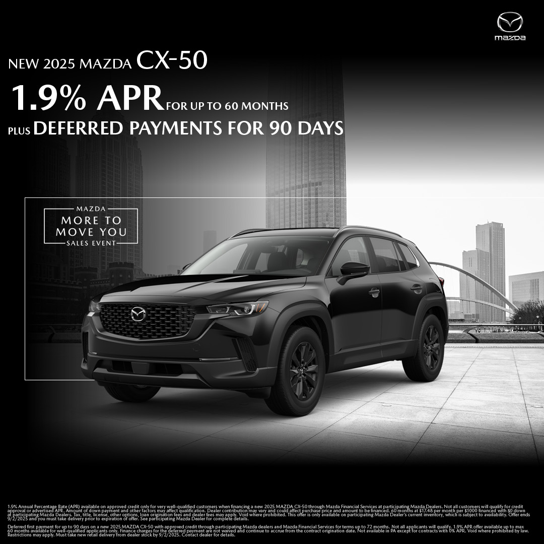 AnnapolisMazda's tweet photo. Discover the capable #MazdaCX50 SUV with deferred payments for 90 days and 1.9% APR for up to 60 months! 

Shop now: https://t.co/Rh3eJfd0Wd https://t.co/uilomTAfV7