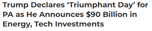 RepScottPerry's tweet image. Yesterday, President Trump announced a massive $90B into Pennsylvania’s energy and tech sectors. That's billions of dollars invested in YOU through energy infrastructure, natural gas power plants, modernization of transmission lines, and data centers. Welcome back, American…