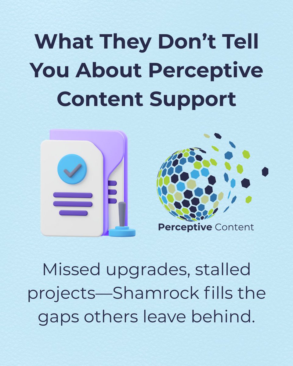 Missed upgrades, delayed timelines, and dropped support are more common than they should be in the Perceptive Content world. Shamrock Solutions steps in where others fall short—keeping your system current and your projects moving.

Let’s talk: hubs.la/Q03vP8Rh0