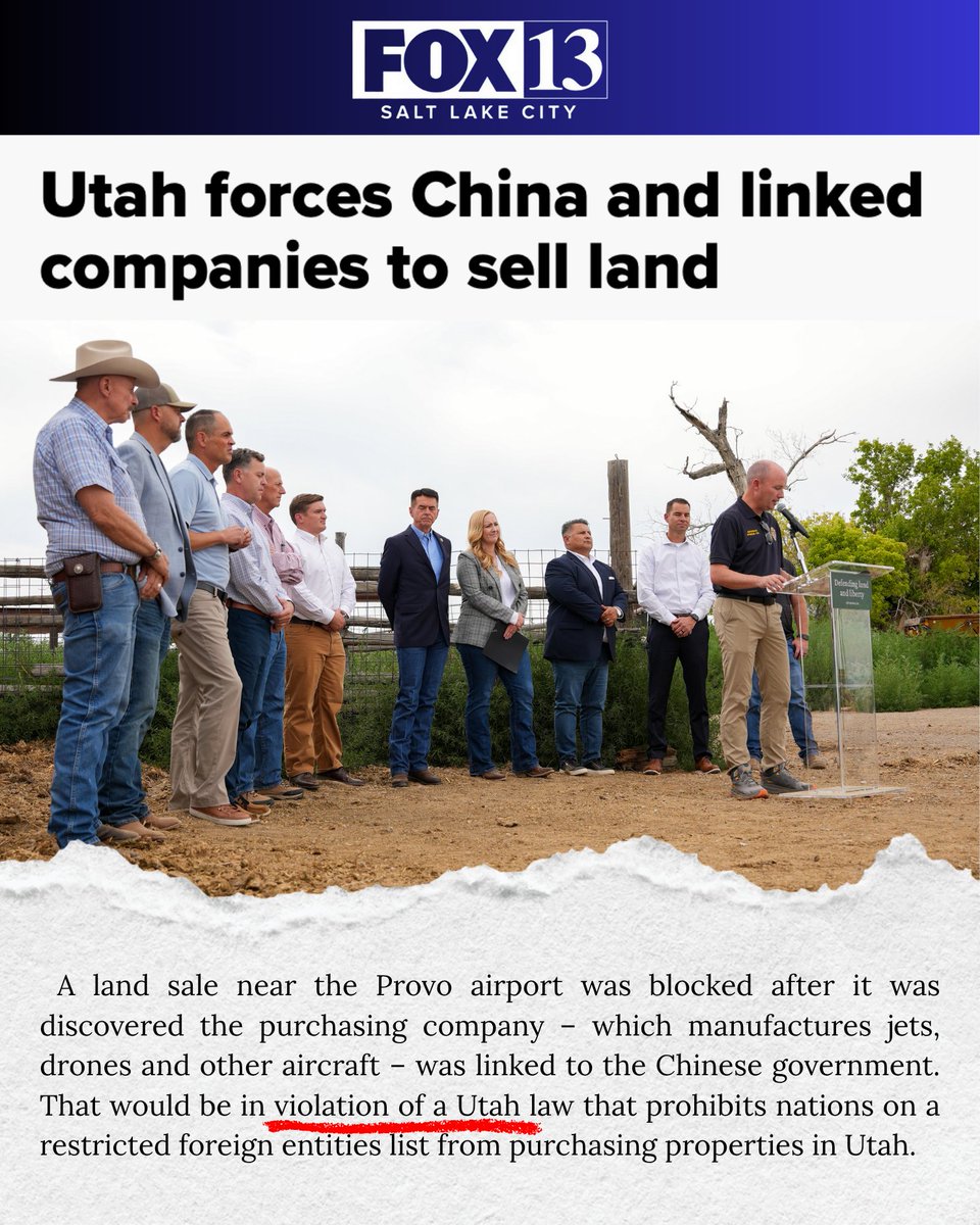 This is a declaration that Utah will not be intimidated or infiltrated by authoritarian regimes. Utahns will always choose freedom, transparency, and security over short-term economic convenience. #utpol

Via: fox13now.com/news/politics/…