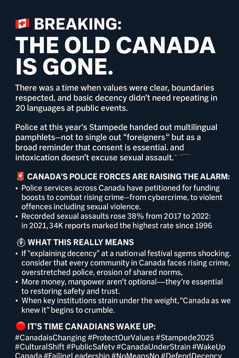 DanaMetcalfe5's tweet image. 🇨🇦 BREAKING: The Old Canada Is Gone.
There was a time when values were clear, boundaries respected, and basic decency didn’t need repeating in 20 languages at public events.
Police at this year’s Stampede handed out multilingual pamphlets—not to single out “foreigners,” but as…