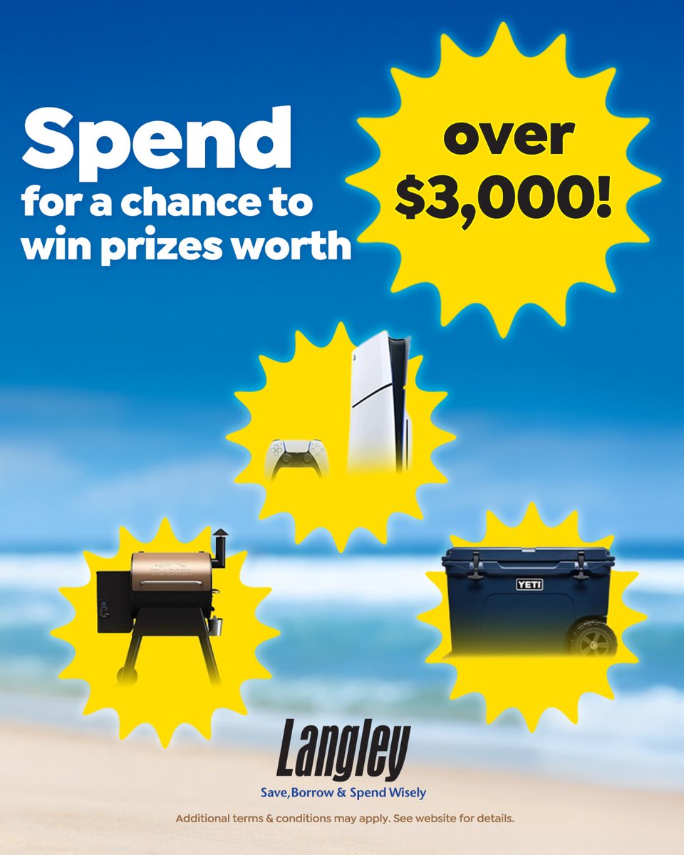 There's still time to enter for a chance to win some amazing prizes like a PS5, YETI cooler, and more (over $3,000 worth of prizes)! Earn an entry for every purchase made with your Langley debit, credit, or CashBack+ in July. Learn more at ow.ly/kkG850WqH2p