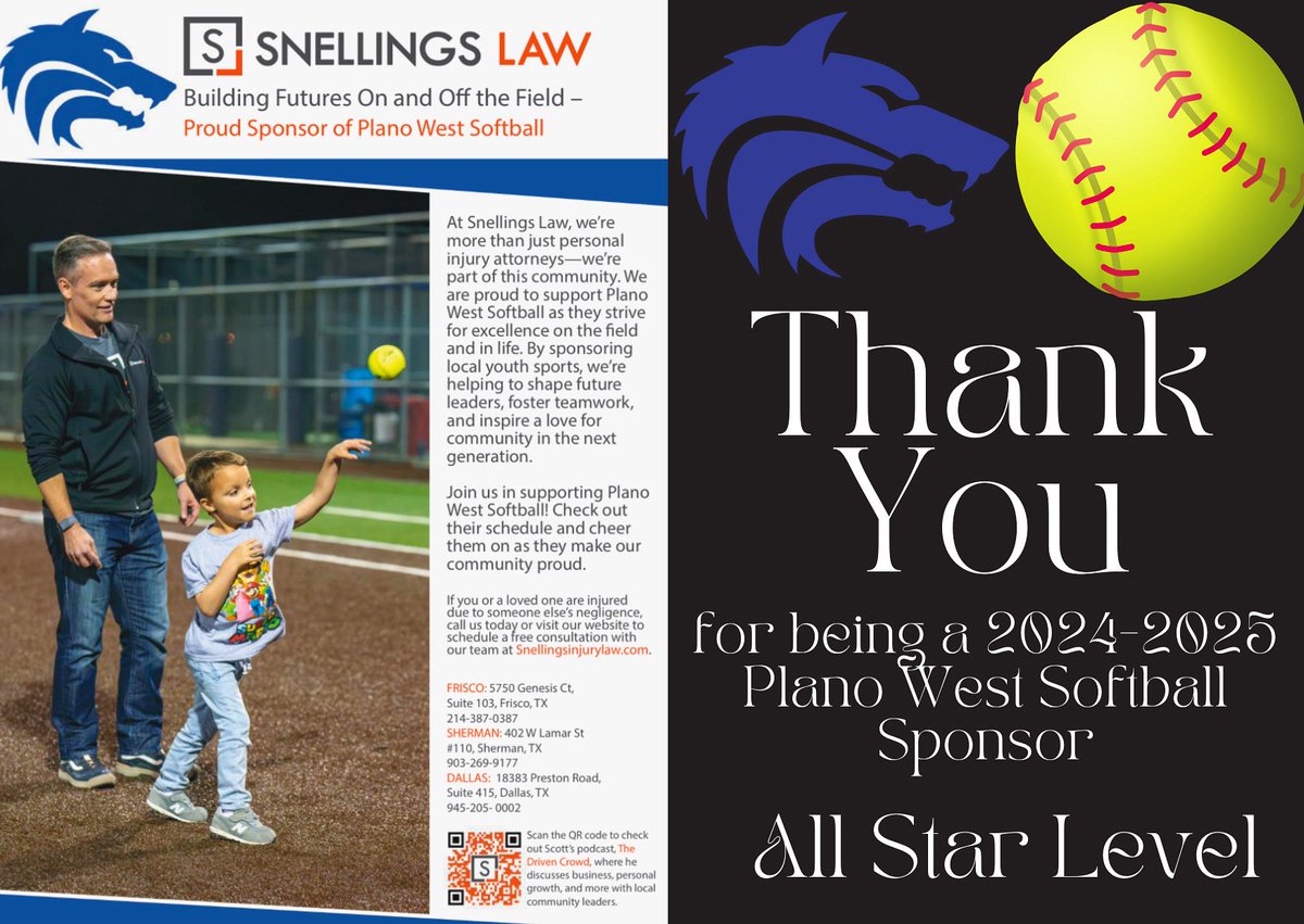 PWSH_Softball's tweet photo. π A HUGE thank you to Snellings Law for continuing to be an All Star Sponsor for the Lady Wolves! πΊπ₯ Your incredible support helped fuel a memorable season. Weβre grateful for your championship-level generosity! π
#ThankYou #AllStarSponsor #PlanoWestSoftball #planowest #lwg https://t.co/mUh0Xq63SF