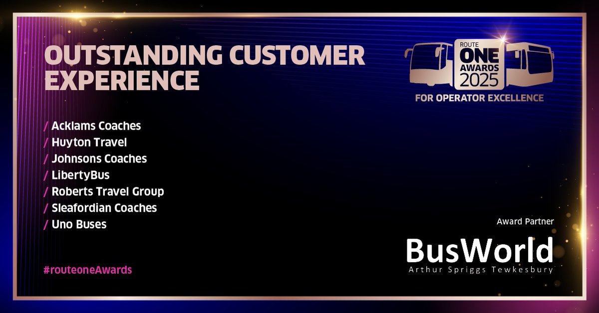arthur_spriggs's tweet photo. We’re thrilled to be the official award partner for the ’Outstanding Customer Experience’ category at the 2025 #routeoneAwards! 🎉

👏 Congratulations to all finalists, including Acklams Coaches, LibertyBus, Roberts Travel Group, and more.

Finalist list https://t.co/NBrnhfEeVS https://t.co/hIxxc2vbJC