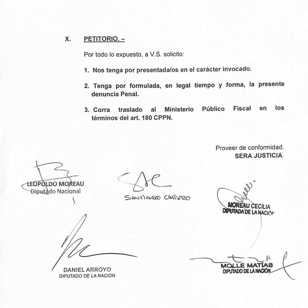 Los diputados nacionales Cecilia Moreau, Santiago Cafiero, Matías Molle, Daniel Arroyo y Leopoldo Moreau ingresaron en el Juzgado de la Dra. Sandra Arroyo Salgado una denuncia penal contra Daniel Parisini, conocido en las redes sociales como el Gordo Dan, Franco Iván Jeremías