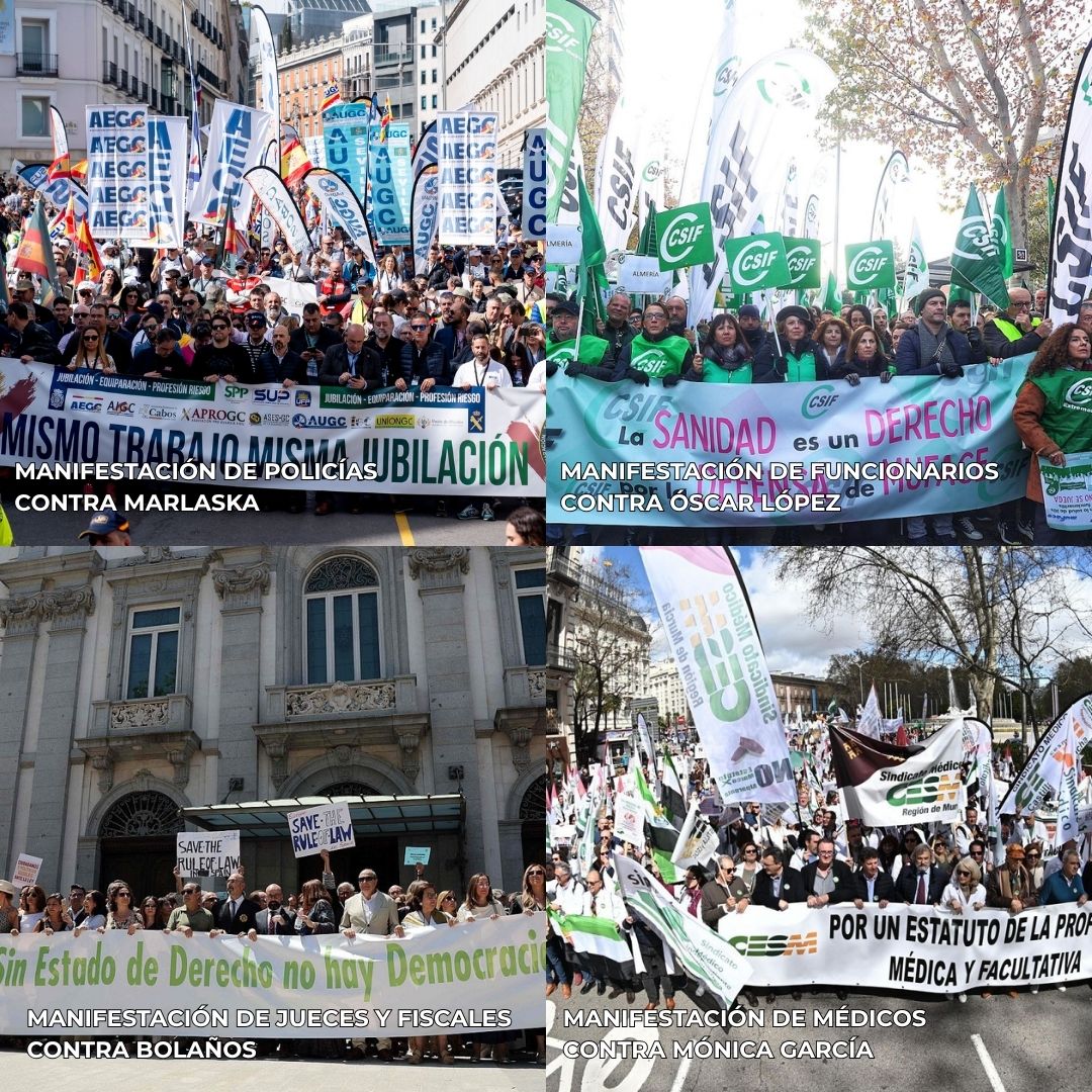 Los policías, en contra de Marlaska.
Los jueces y fiscales, en contra de Bolaños.
Los médicos, en contra de Mónica García.
Los funcionarios, en contra de Óscar López.

Y ahora, los inspectores de Hacienda contra Montero.

No se salva ni un ministro.