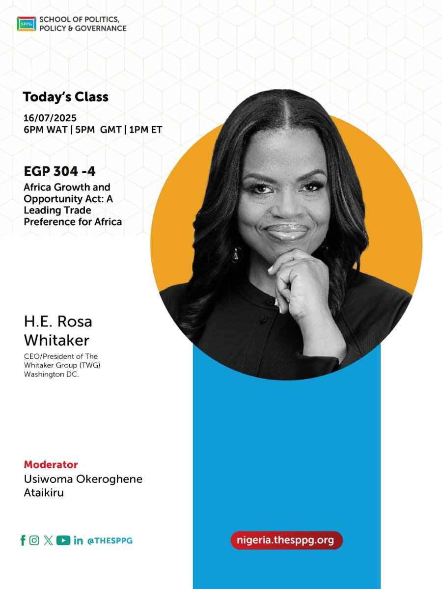 TheSPPG's tweet image. #TodayAtTheSPPG
Join H.E. Rosa Whitaker for: EGP 304 -4
Africa Growth and Opportunity Act: A Leading Trade Preference for Africa
This course explores the Africa Growth and Opportunity Act (AGOA) as a U.S. trade policy tool, examining its impact, current status, and future…